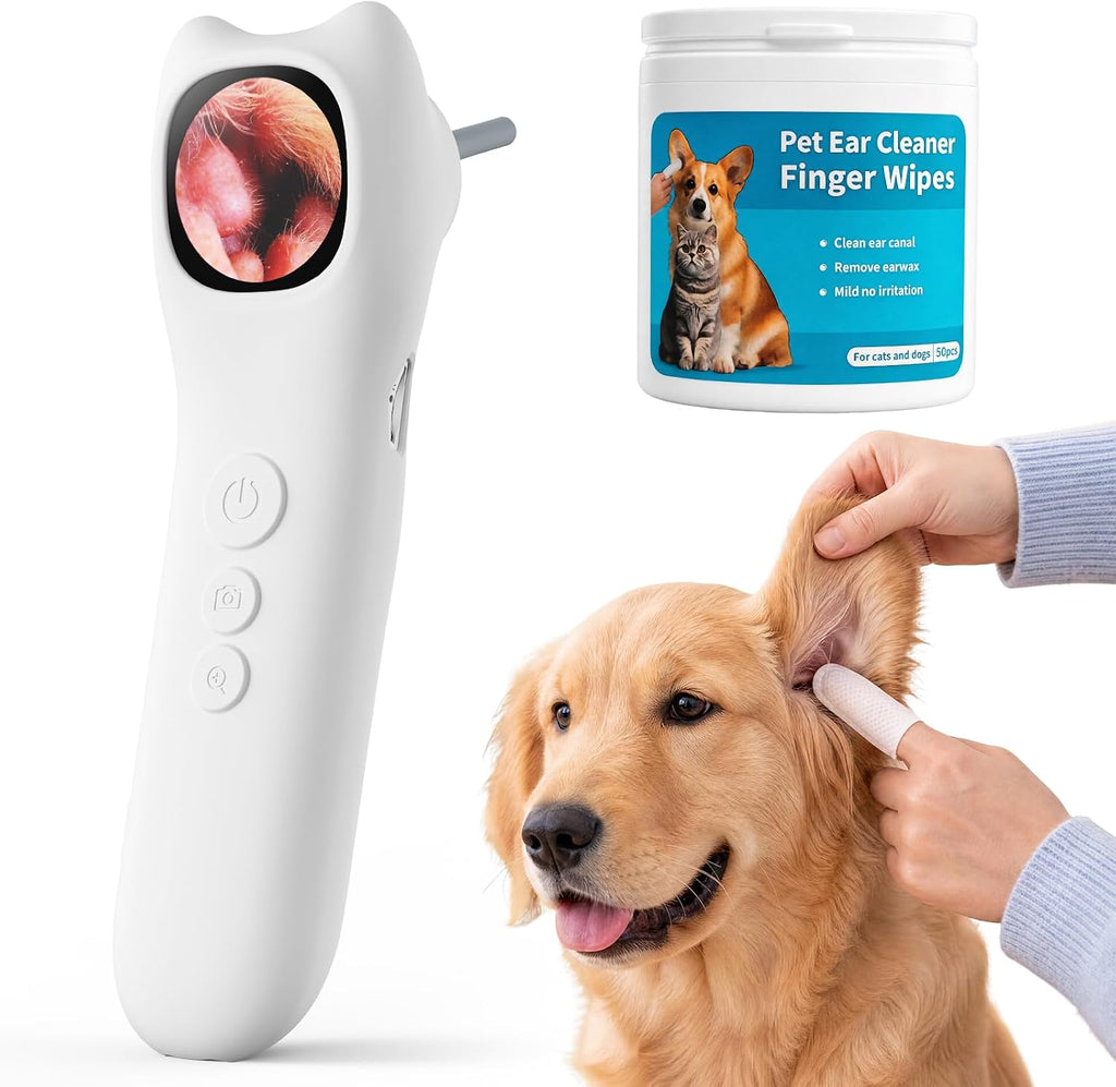 Pet Ear Camera Cleaning Kit with Screen, Dog &amp; Cat Ear Cleaner with 50 Finger Wipes, Gentle Soft Otic Ear Cleaning Pads, Helps Clean Dirt, Wax &amp; Odor-Causing Buildup, Non-Irritating, White