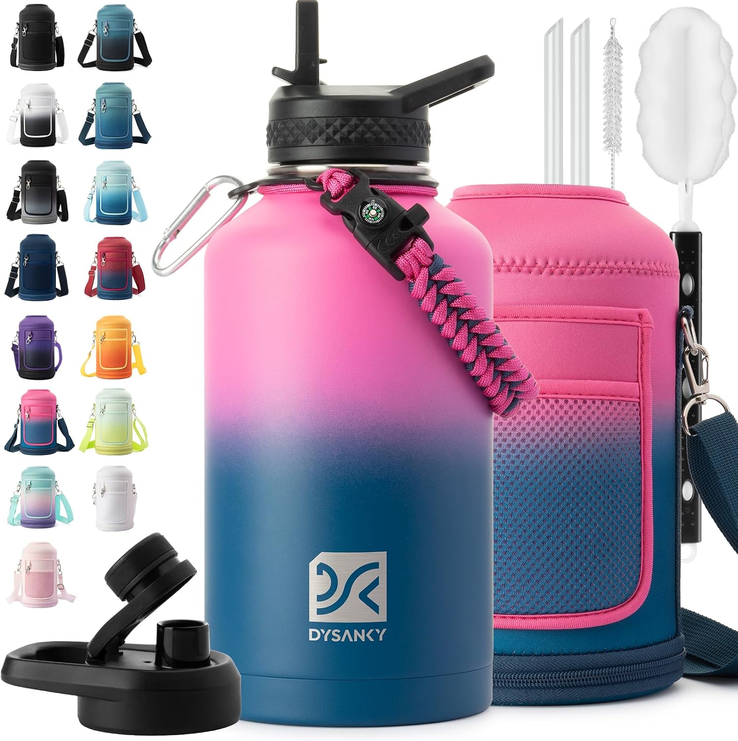 DYSANKY Insulated Water Bottle w/Straw Lid & Portable Carrier Bag, 64oz