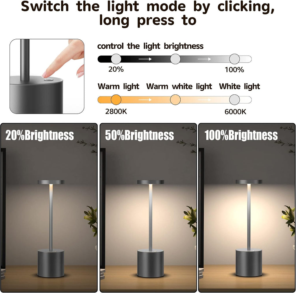 2Pack Cordless Table Lamp, Rechargeable LED Battery 5000mAh Metal USB Portable Powered Desk Lamp, 3 Levels Brightness Light for Restaurants Outdoor (2pack 10.25in Grey)