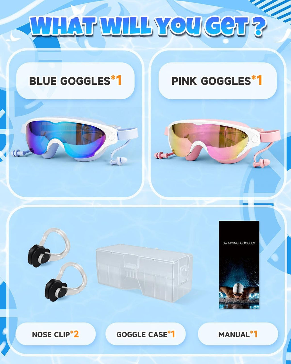 Zoomsnail Kids Swim Goggles 2Pack, Leakproof Anti-fog UV Lens Swimming Goggles for Kids Boys & Girls 3-15
