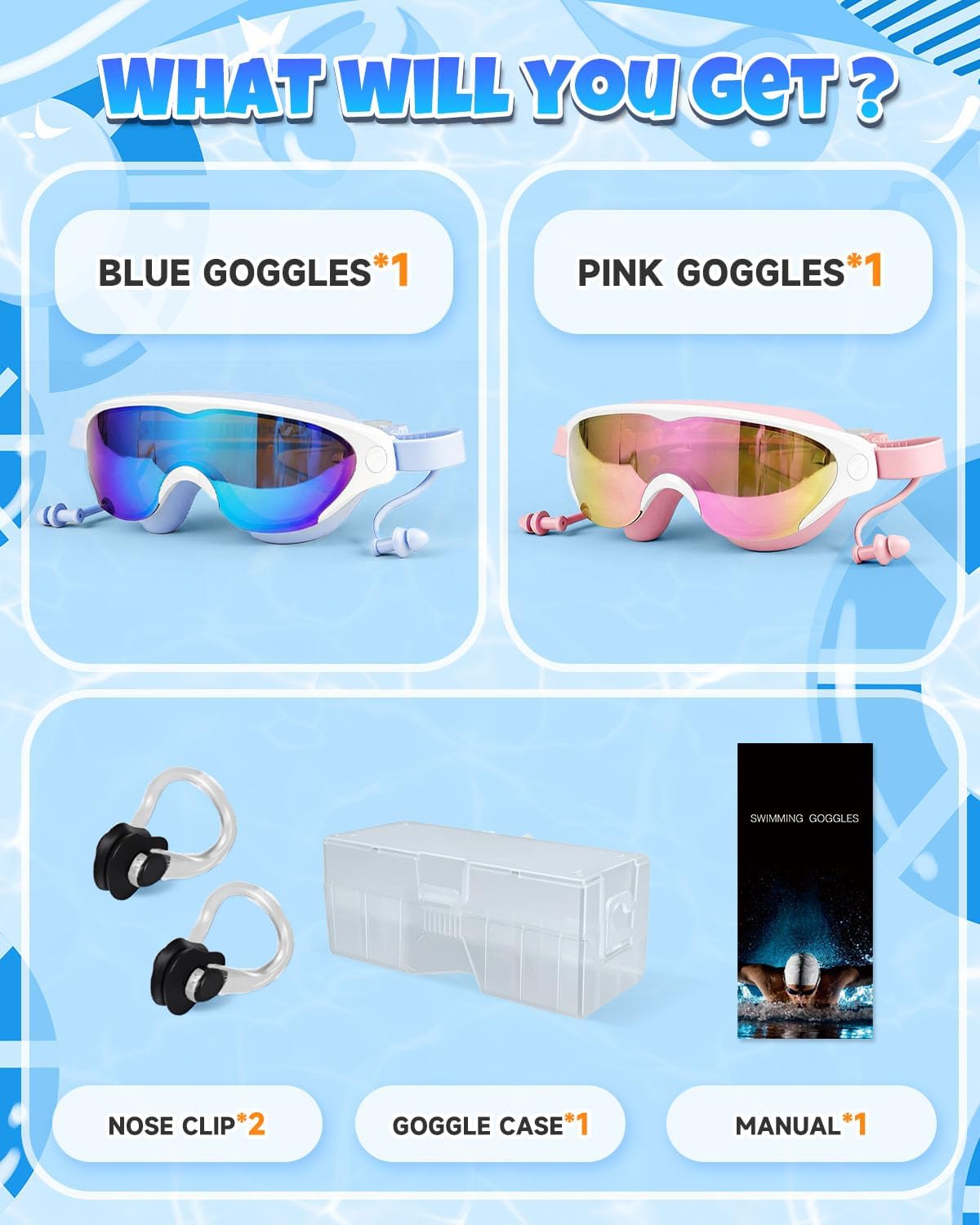 Zoomsnail Kids Swim Goggles 2Pack, Leakproof Anti-fog UV Lens Swimming Goggles for Kids Boys & Girls 3-15