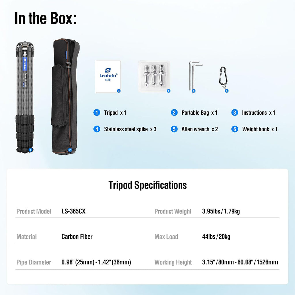 LEOFOTO LS-365CX Professional Camera Tripod, 3/8" Mounting, Folded 3", Length 60”, 5 Section, Compact Carbon Fiber 1.77kg Lightweight Tripod Stand for DSLR Video Camcorder, Max Load 44lbs/20kg