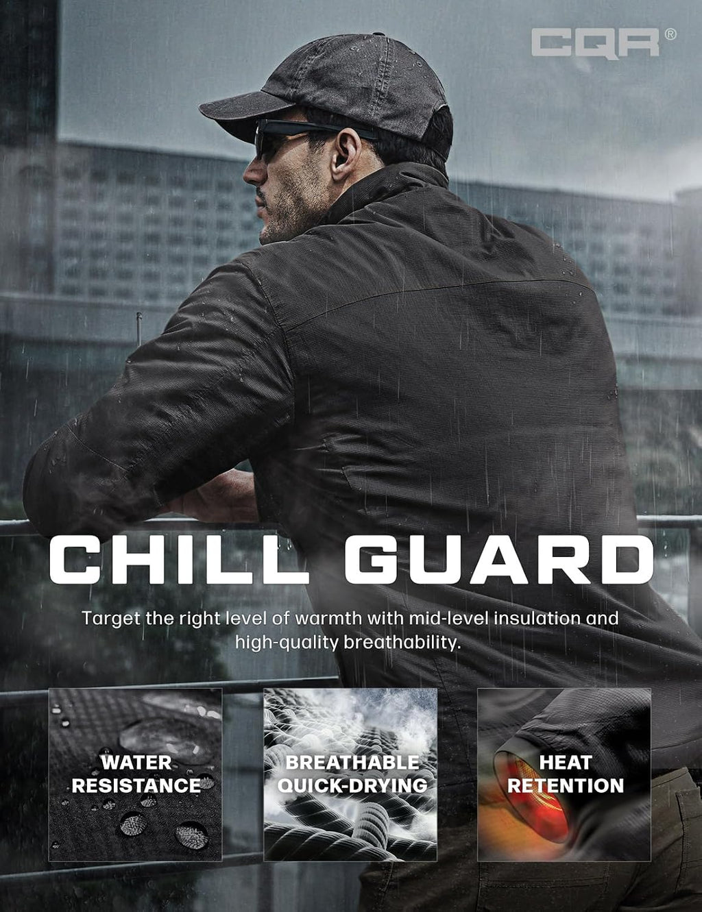 CQR Men's Lightweight Warm Insulated Jacket, Windproof Water Resistant Winter Active Coat for Hiking Work Outdoor Tactical