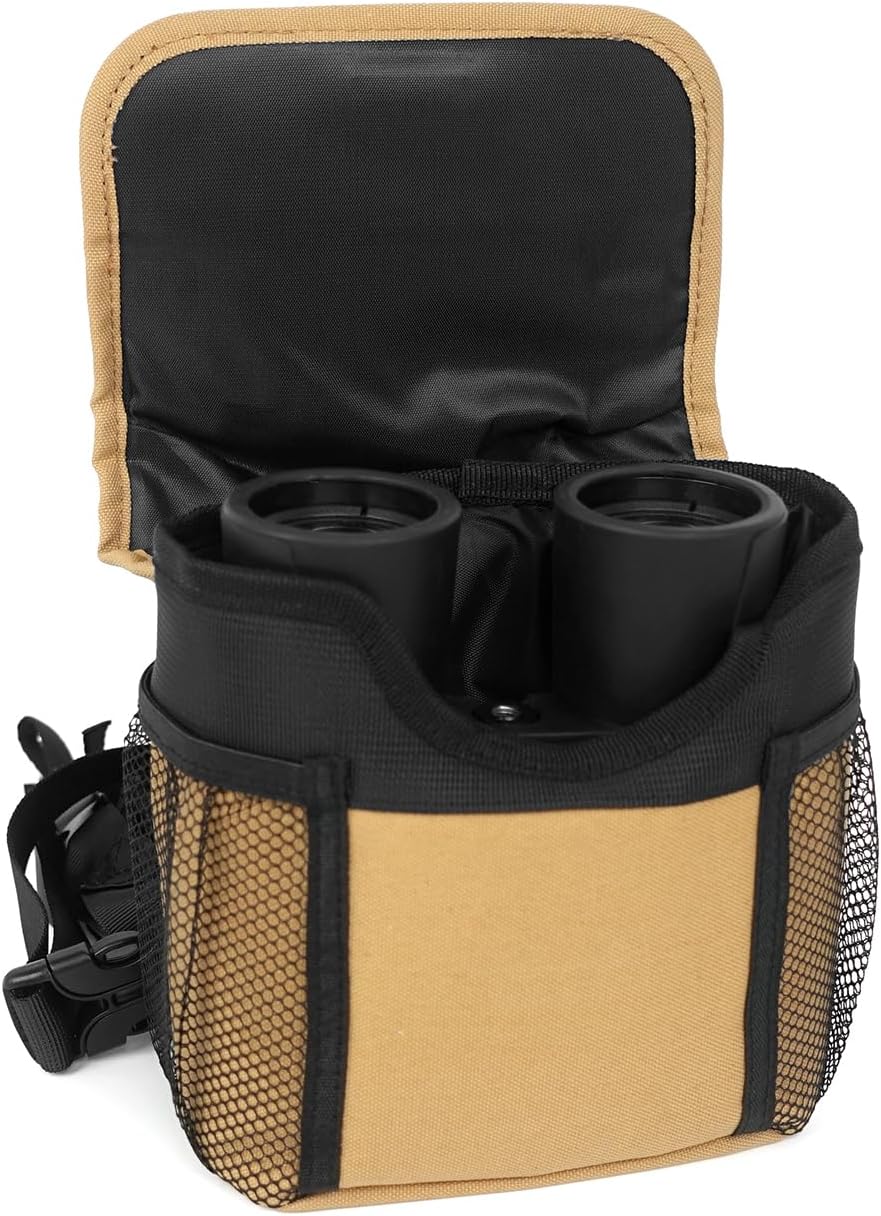 Universal Binocular Case, Binocular Harness for Hunting Case with Adjustable Shoulder Straps 2 Mesh Pockets for Hiking, Hunting, Backpacking, Outdoor Travel （Khaki）