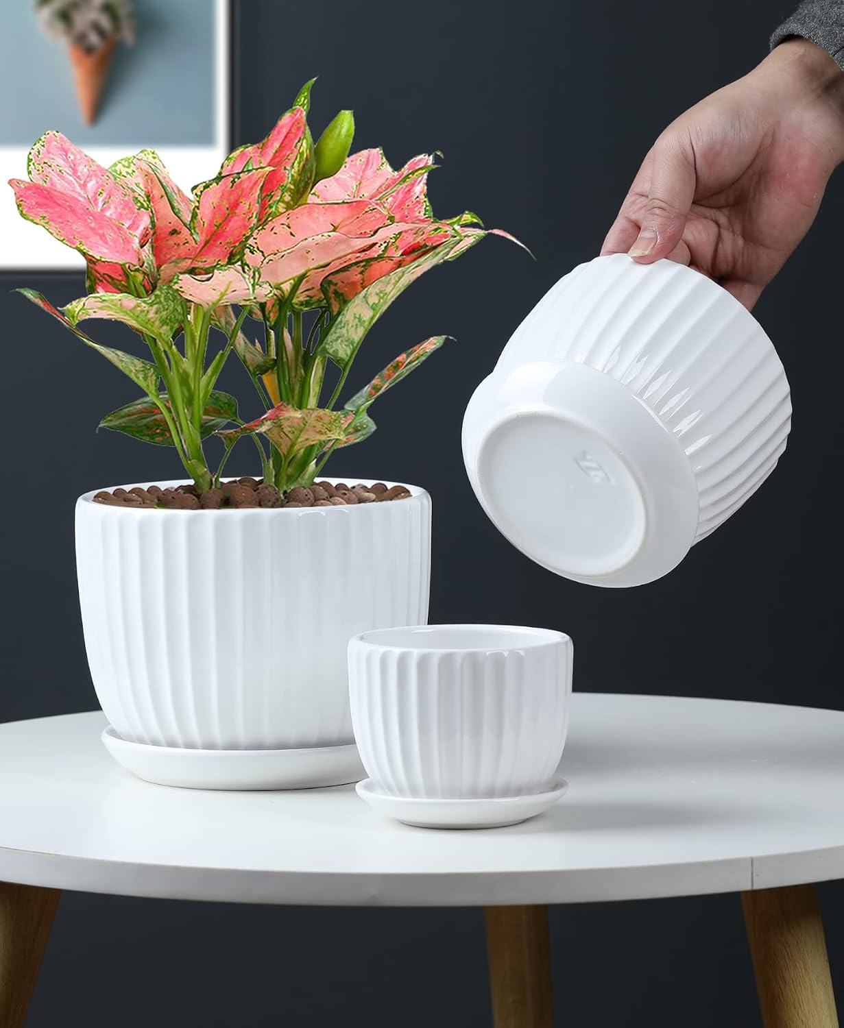 White Plant Pots,Ceramic Flower Pot Set of 3 with Drainage Holes & Saucers