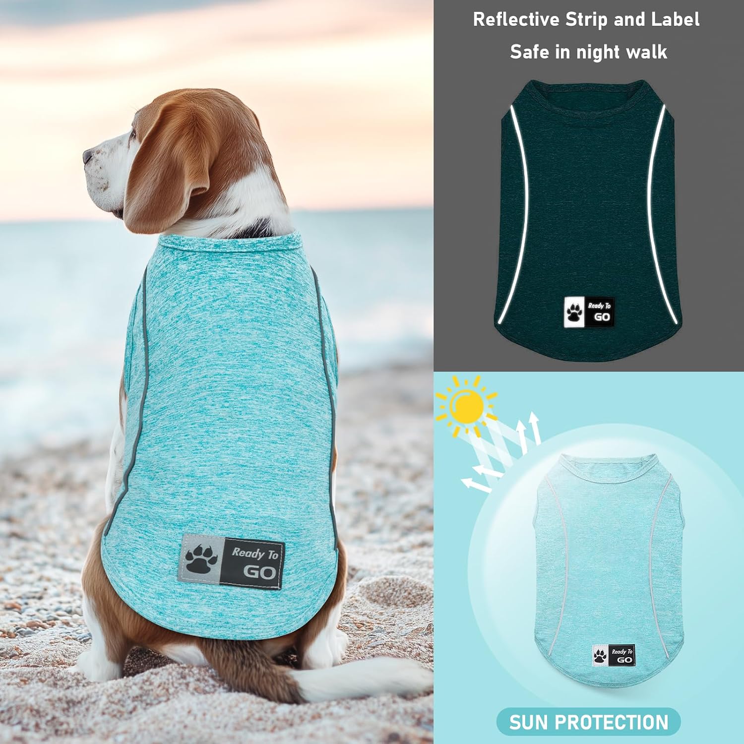 KYEESE Reflective Dog Shirt, Lightweight Sun Protection Dog T Shirts for Small Dogs Boy, Breathable Sleeveless Pet Tank Top Summer Dogs Clothes for Night Walking Outdoor, Lake Blue, M