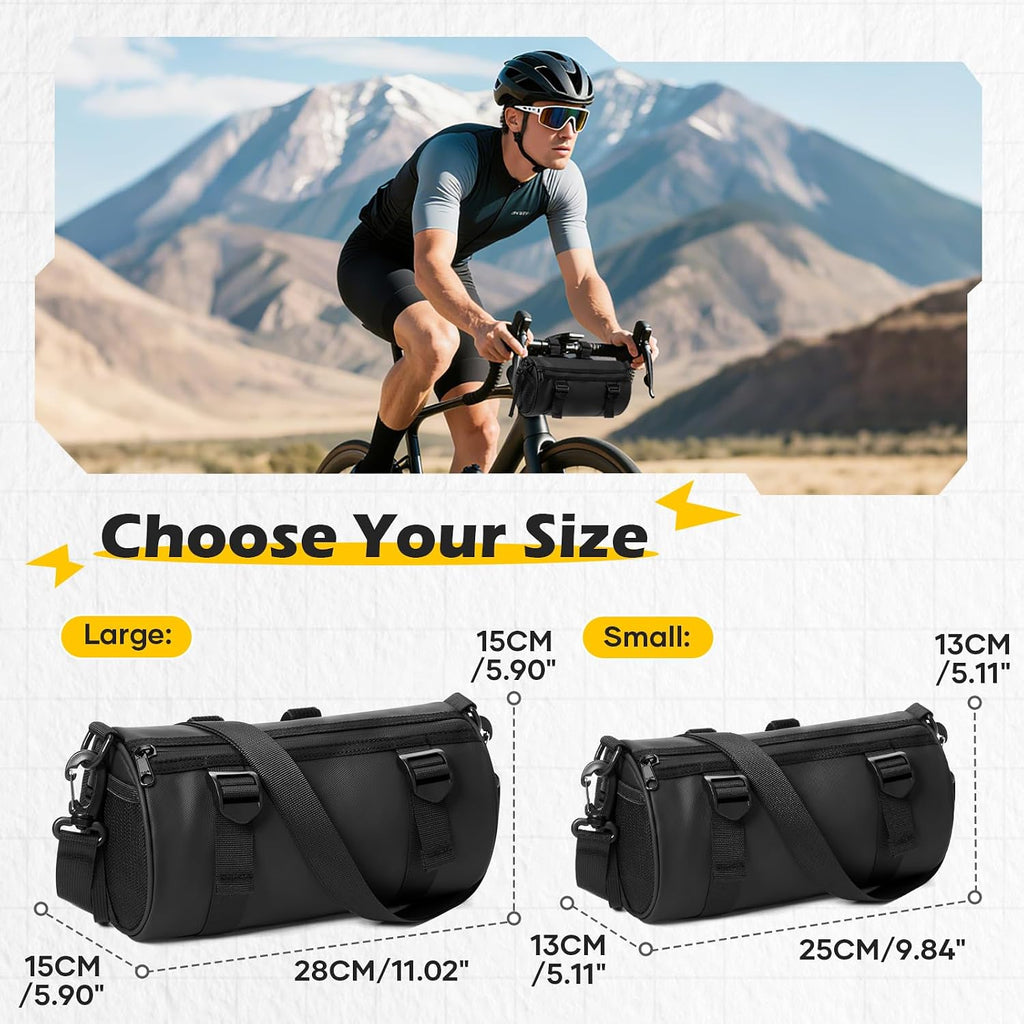 SEAFEW 4L Black Bike Handlebar Bag, Waterproof Bicycle Accessories, Bike Frame Front Pouch with Zipper and Shoulder Strap, Small Mountain Road Bike Barrel Bag