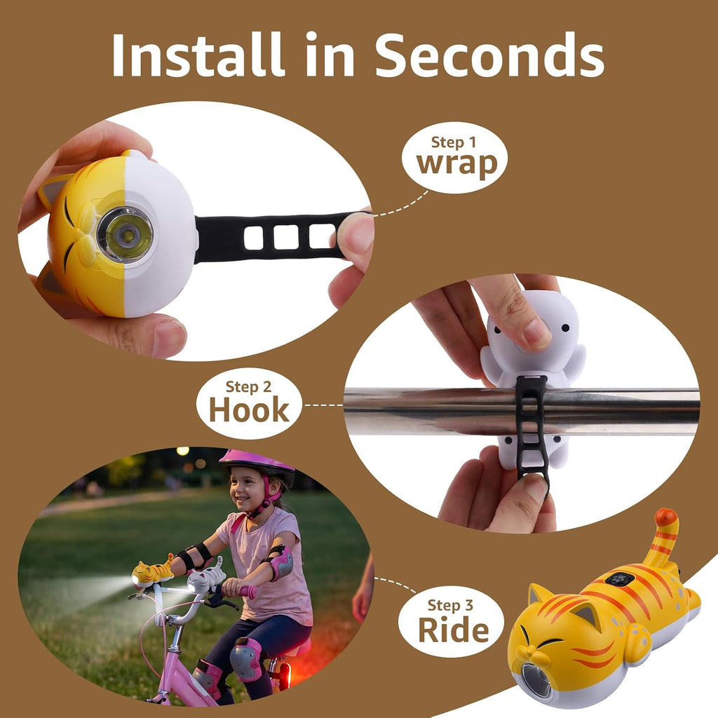 KunHe 2 Pack Cat Bike Lights Front and Back for Kids Rechargeable Set