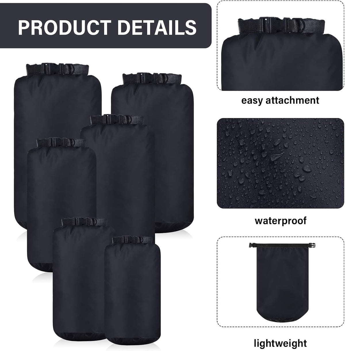 6 Pcs Waterproof Dry Bag Set for Kayaking & Camping,Black