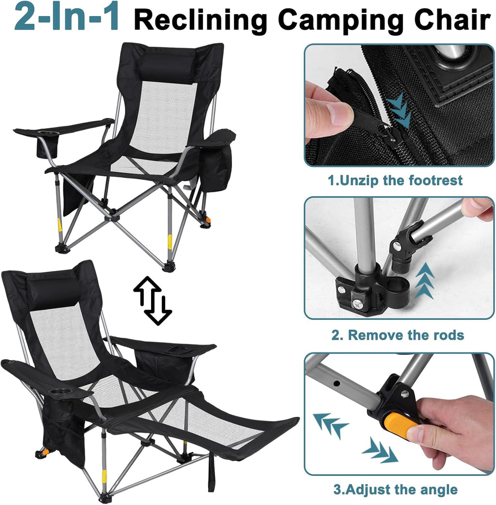 Romswi 2 Pack Reclining Camping Chairs with Removable Footrests, 4-Position Adjustable Lounge Chairs, 300 LBS Heavy Duty Folding Chairs with Cooler Bag, Cup Holder & Carry Bag, Mesh Black