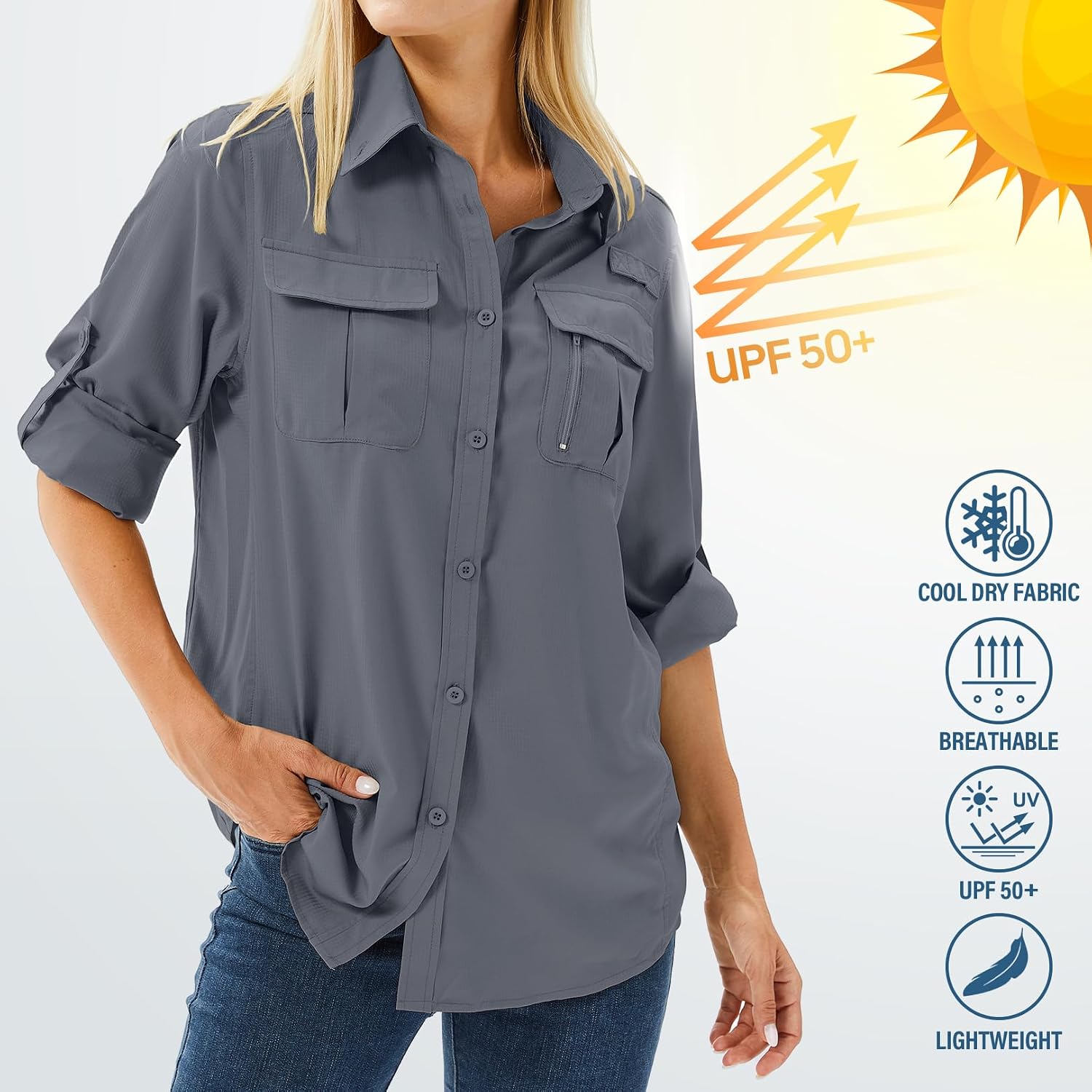Women's UPF 50 Long Sleeve Sun Protection Safari Fish Hiking Shirts