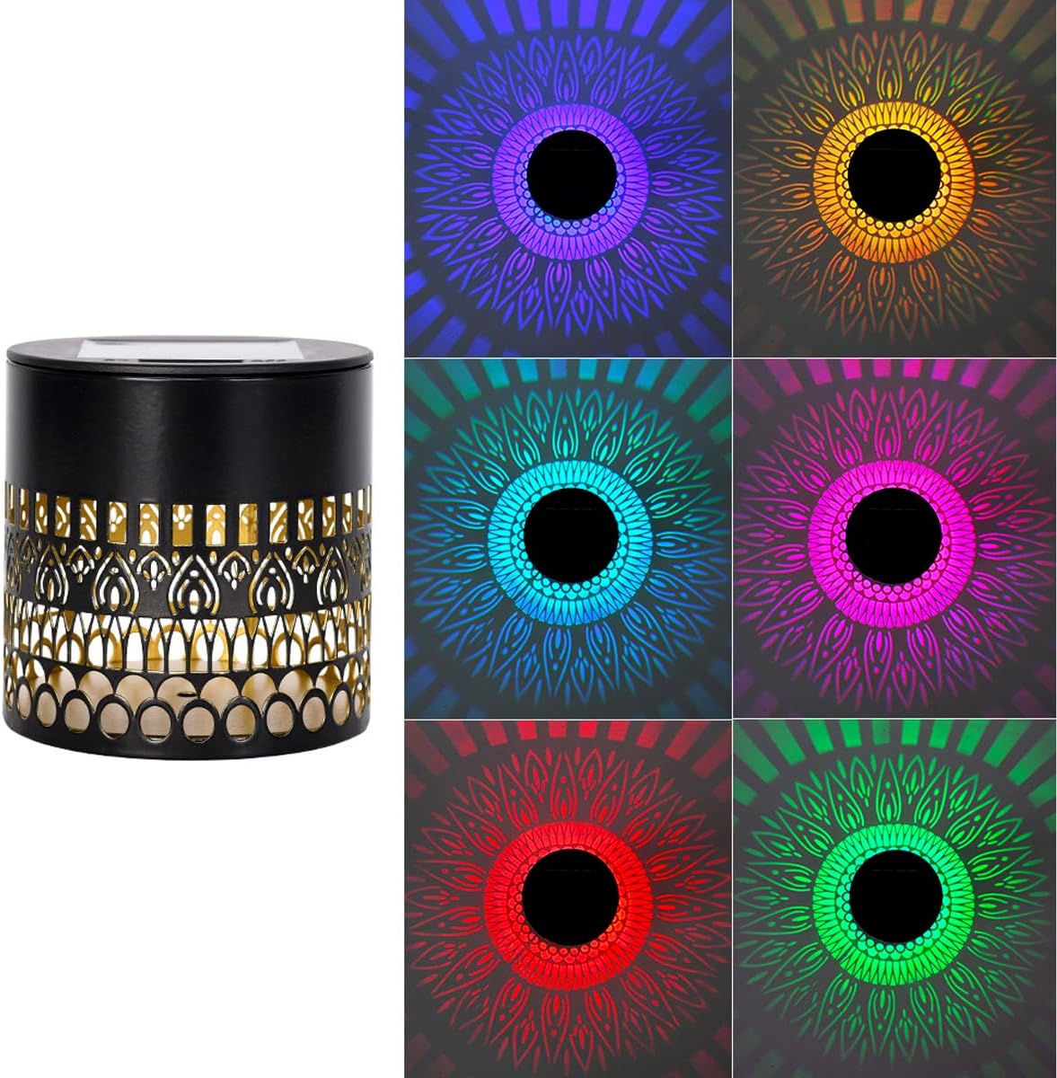 1 Pack Retro Solar Table Lantern Outdoor Waterproof Wall Light, 6 Color Changing Hollow Out Metal Garden Decor Step Lamp, Solar Powered Patio Porch Tabletop Decorations for Yard Pool Stairs