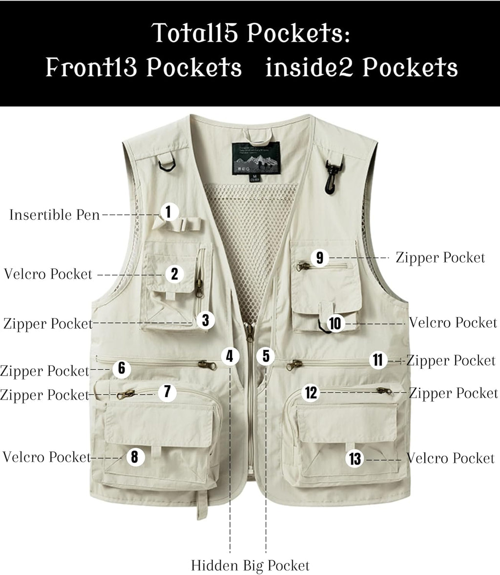 Men's Lightweight Mesh Fishing Vest Utility Outdoor Multi-Pocket Hunting Cargo Vest