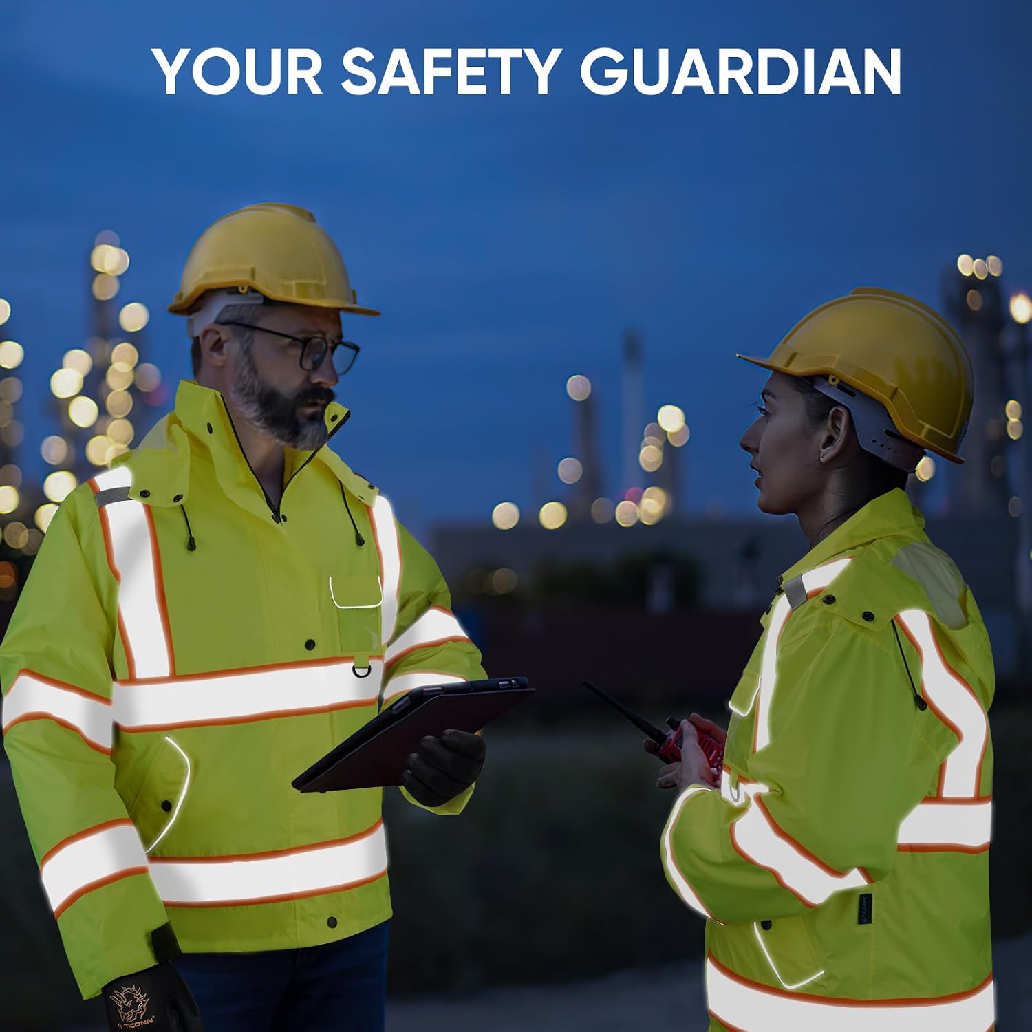 TICONN Reflective Rain Jacket, Waterproof ANSI Class 3 Hi Vis Safety Coat