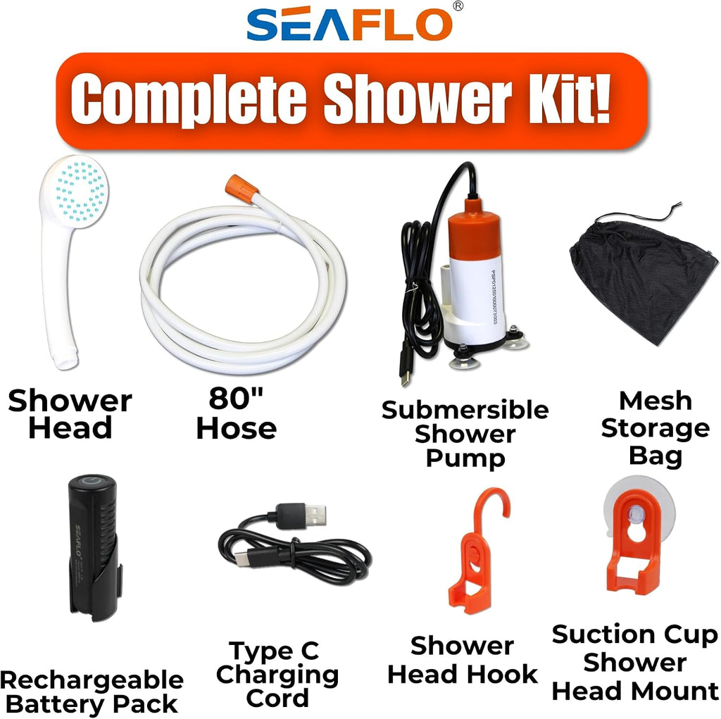 SEAFLO Portable Camping/Outdoor Shower, Rechargeable Battery, 2.64 Gallons Per Min, 40-Minute Runtime Outdoor Camping Pet Washing, Type-C Charging, 80" Hose (with or Without 2.6 Gallon Bucket)