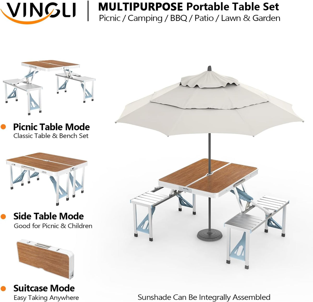 VINGLI 4 Ft Camping Picnic Table Set with 4 Seats with Umbrella Hole Folding Lightweight Suitcase Card Table-220 Lbs Support Aluminum Frame, Plastic RV Tabletop for Barbecue,Travel,Outing,Gathering