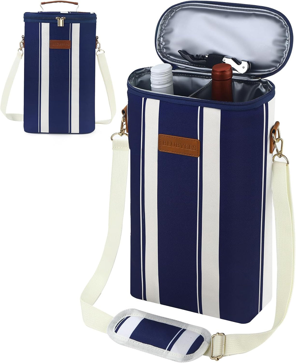 BLUBYEES 2-Bottle Insulated Wine Carrier Tote - Leakproof Padded 900D Oxford Wine Cooler Bag for Travel, Picnics, Beach & Parties - Ideal Wine Gift for Wine Lovers