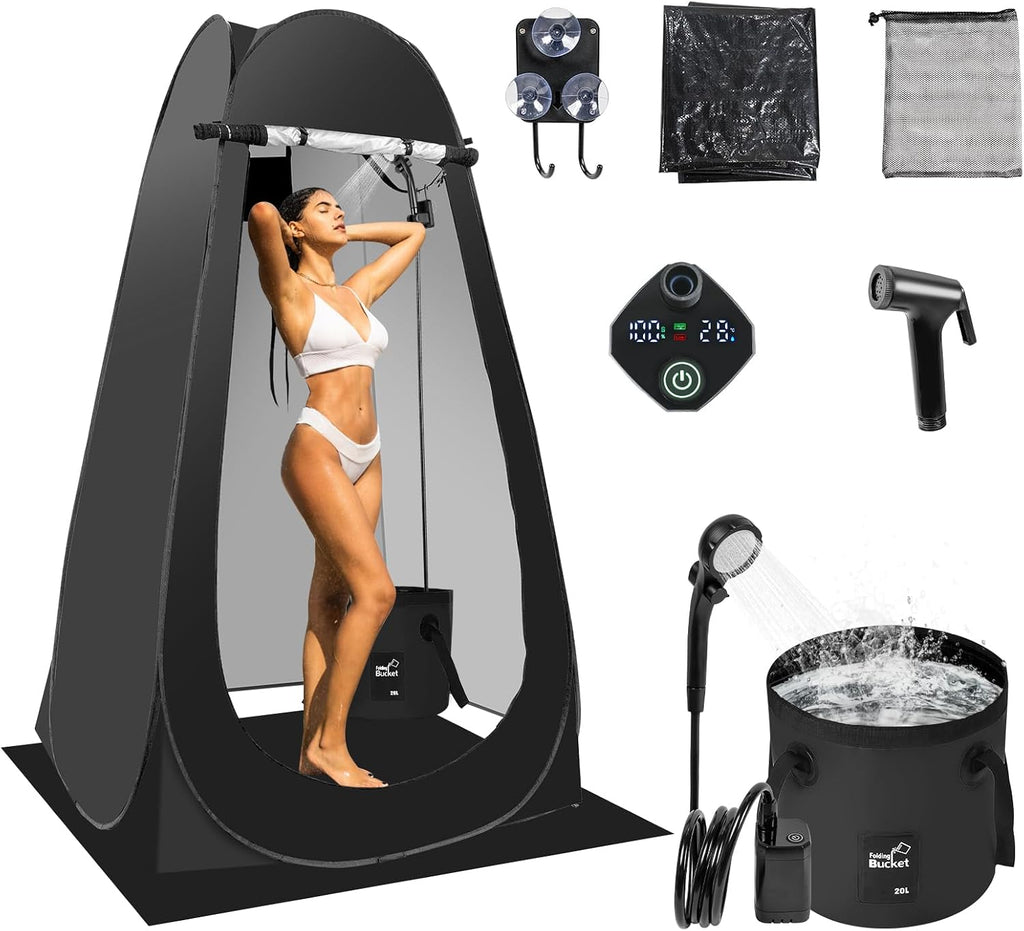Pop Up Shower Tent for Camping, Portable Outdoor Privacy Shower Tent with 6000mAh Rechargeable Shower (Black)