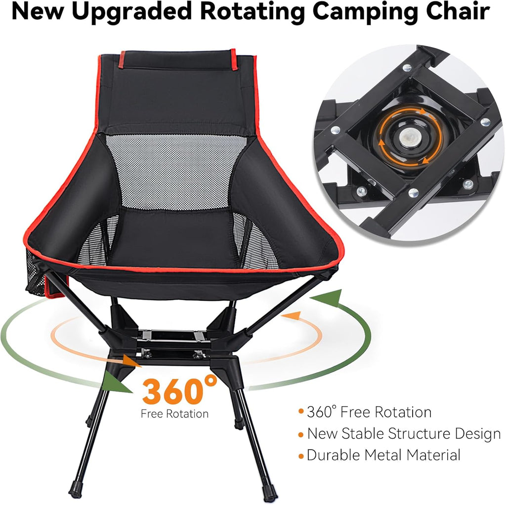 Upgraded 360° Swivel Folding Camping Chair, Lightweight High Back Portable Chairs with Head Support, Compact & Stable for Outdoor Camp, Travel, Beach, Picnic, Festival, Fishing, Hiking, Backpacking