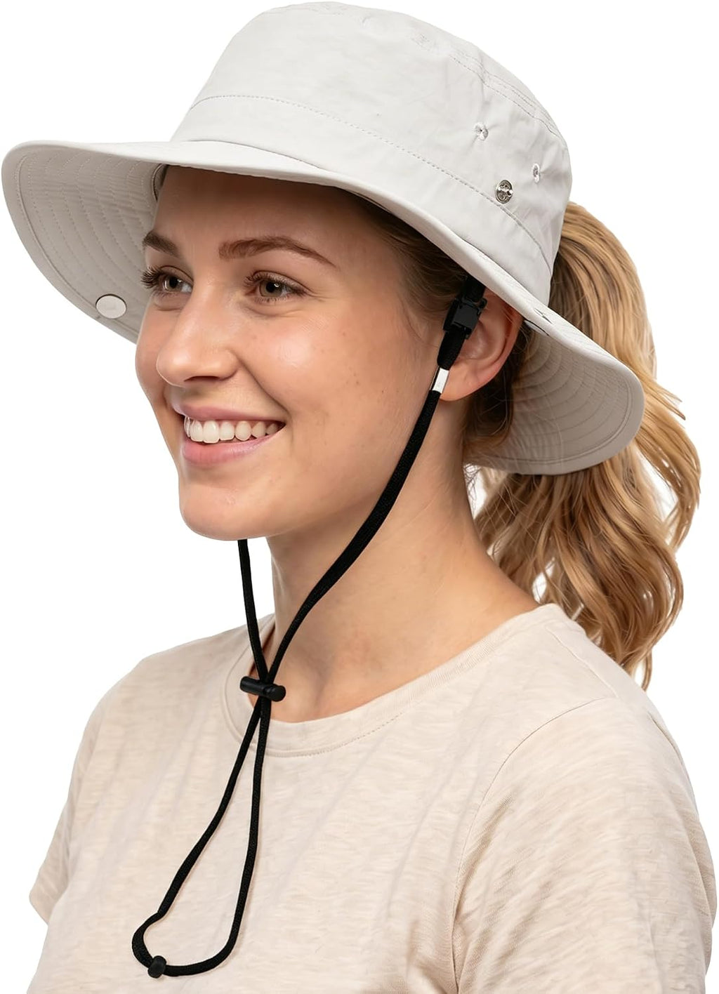 Womens Sun Hat with Ponytail Hole Wide Brim UPF 50+ Waterproof Bucket Hat Packable with Chin Strap for Hiking Beach Travel