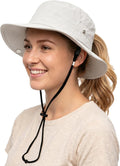 Womens Sun Hat with Ponytail Hole Wide Brim UPF 50+ Waterproof Bucket Hat Packable with Chin Strap for Hiking Beach Travel
