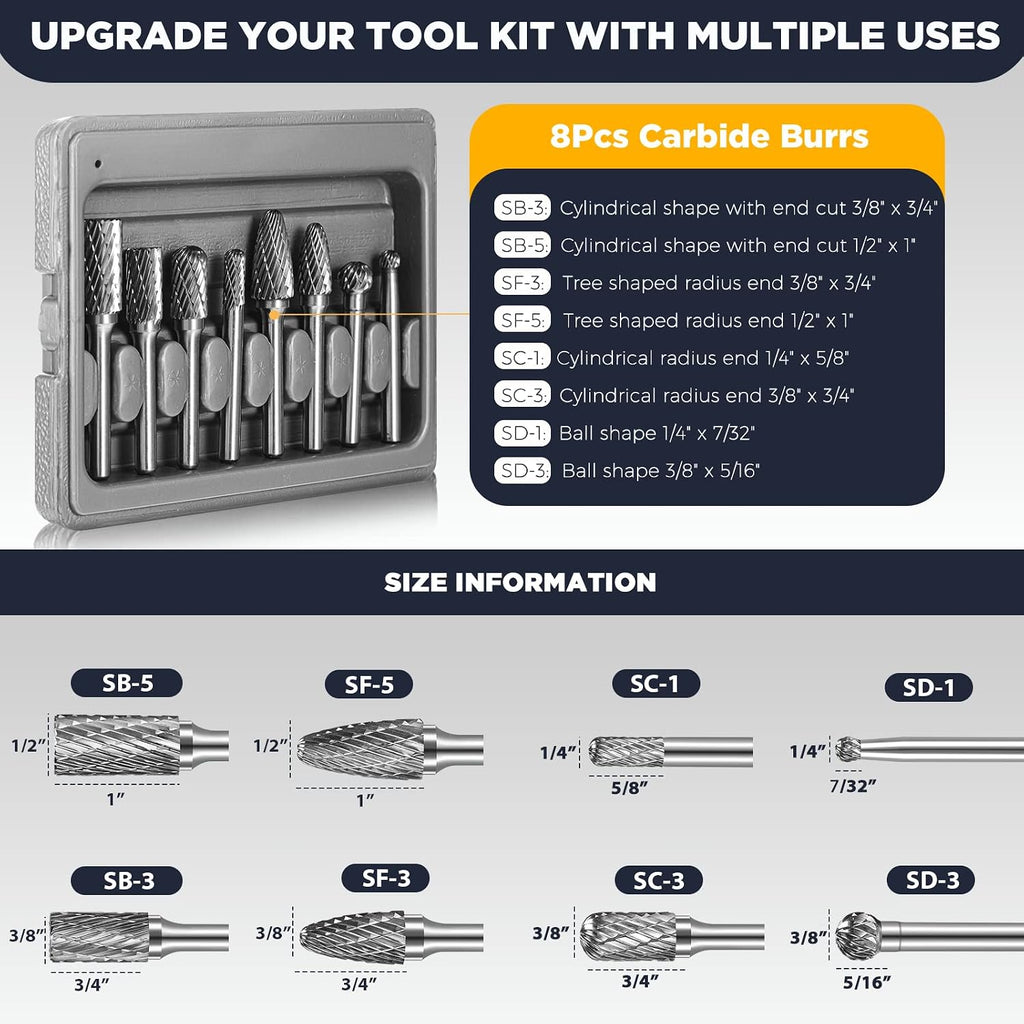 Carbide Burr Set, 8Pcs Double Cut Tungsten Carbide Rotary Burr set, 1/4 inch Shank Die Grinder Bits, Carbide Rotary File for Metal Wood Carving, Engraving, Polishing,Drilling