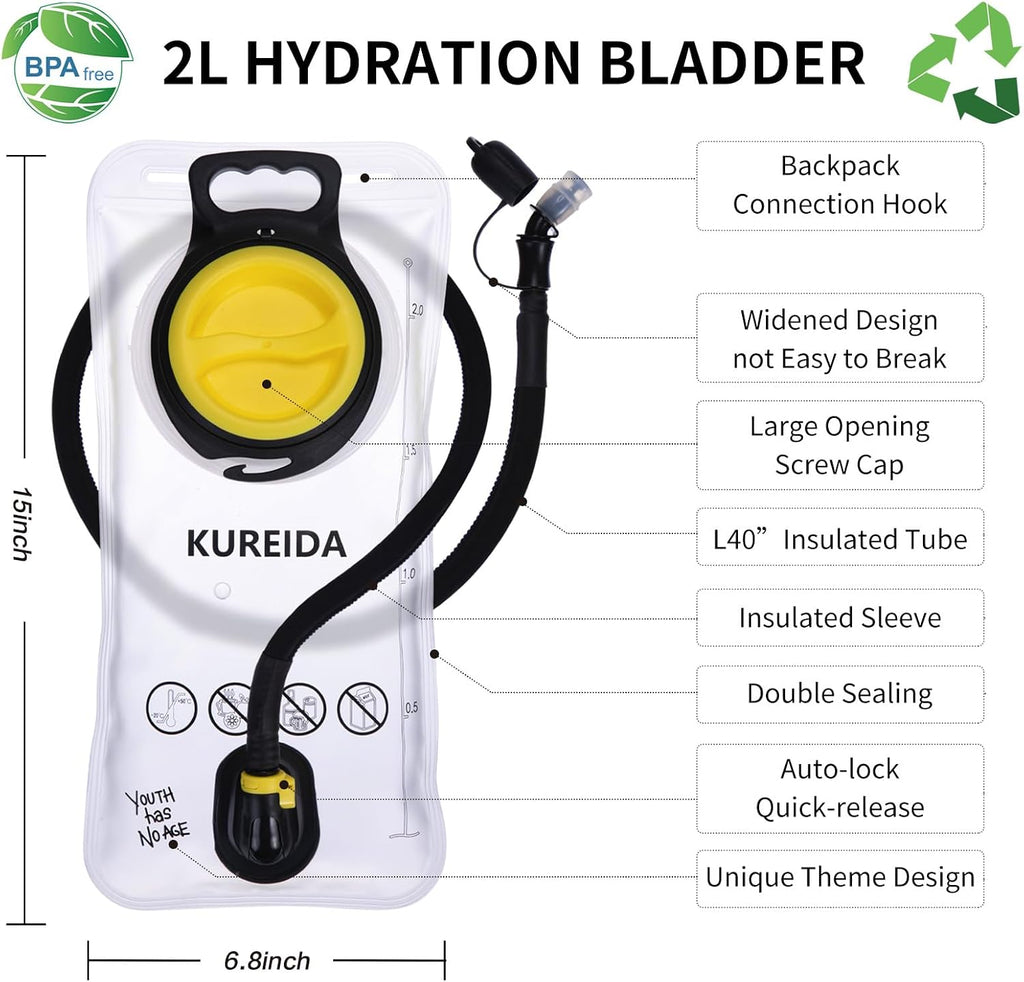 KUREIDA Hydration Bladder 2 Liter, BPA Free Water Bladder for Hiking Backpack Water Storage Bag with Insulated Tube, Hydration Backpack Replacement for Outdoor Camping Running Hiking