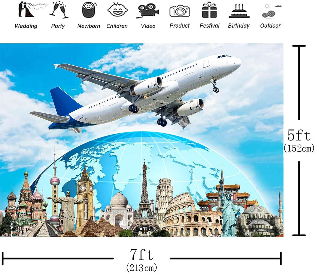 Global Travel Backdrop Airplane World Landmark Photography Background 7x5ft