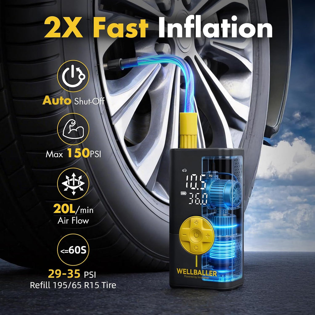 Tire Inflator Portable Air Compressor,Long Battery Life Bike air Pump with Digital Pressure Gauge & LED Light,150PSI Cordless Air Pump for Bike Tires,Fast Inflation for Car,Motorcycle,Bicycle,Ball