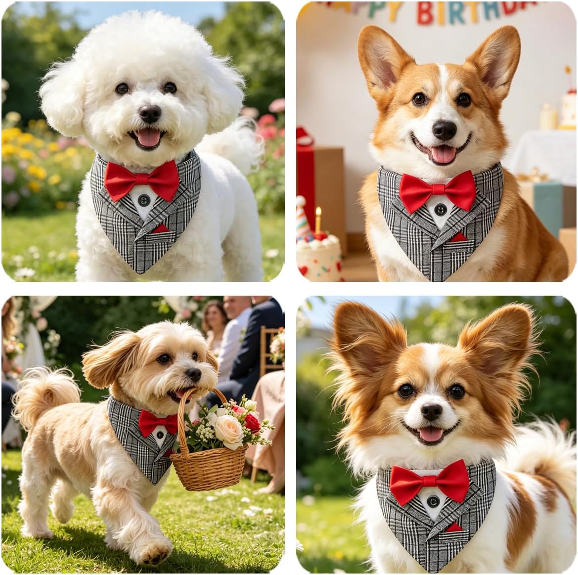 Dog Tuxedo Costumes Wedding Outfit, Gray Stripped Bandana with Red Bowtie, Fashion Dogs Tux Suit Collar (L)