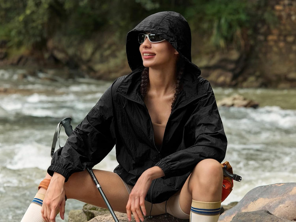 Yousify Womens Waterproof Rain Jackets Lightweight Zip Up Raincoat Outdoor Hiking Hooded Windbreaker with Pocket