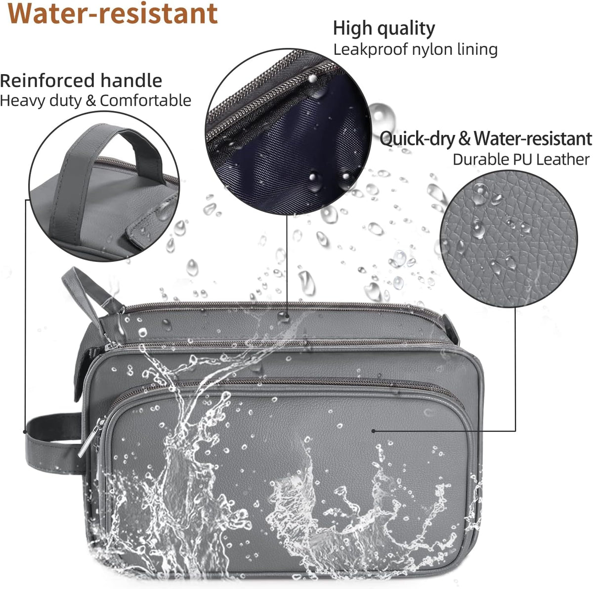 Buruis Extra Large Toiletry Bag for Men, PU Leather Travel Dopp Kit, Gray