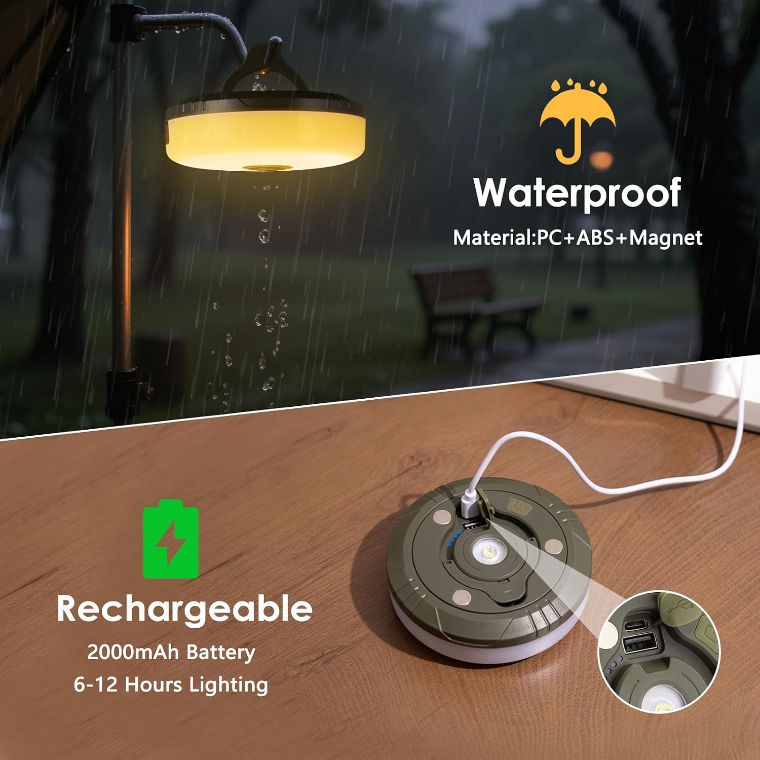 2 Pack Camping String Lights 4 in 1, 8 Modes Rechargeable Fairy Tent Lights