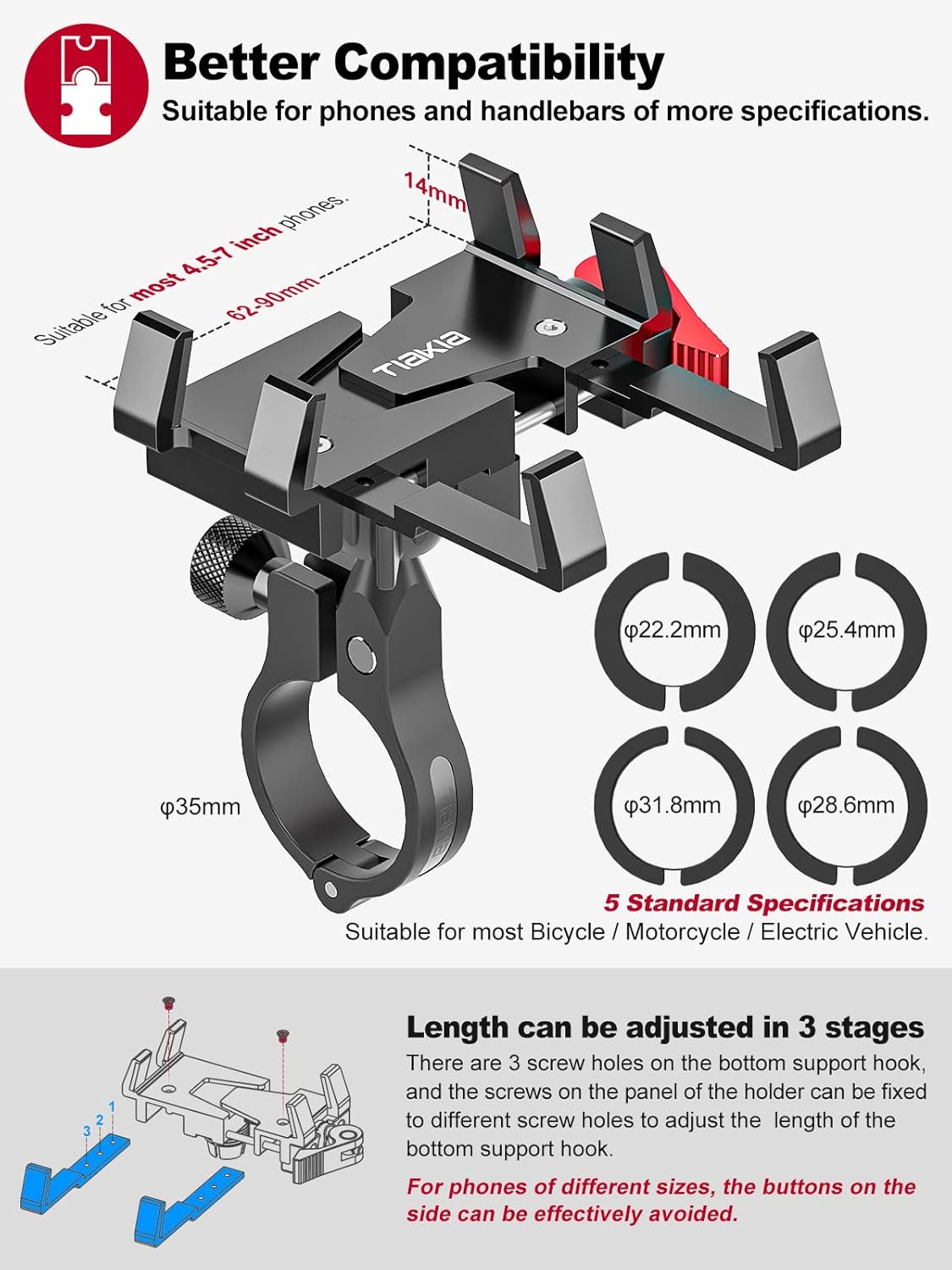 Tiakia Bike Phone Mount Holder, 360° Rotation for 4.5-7 Inch Handlebar