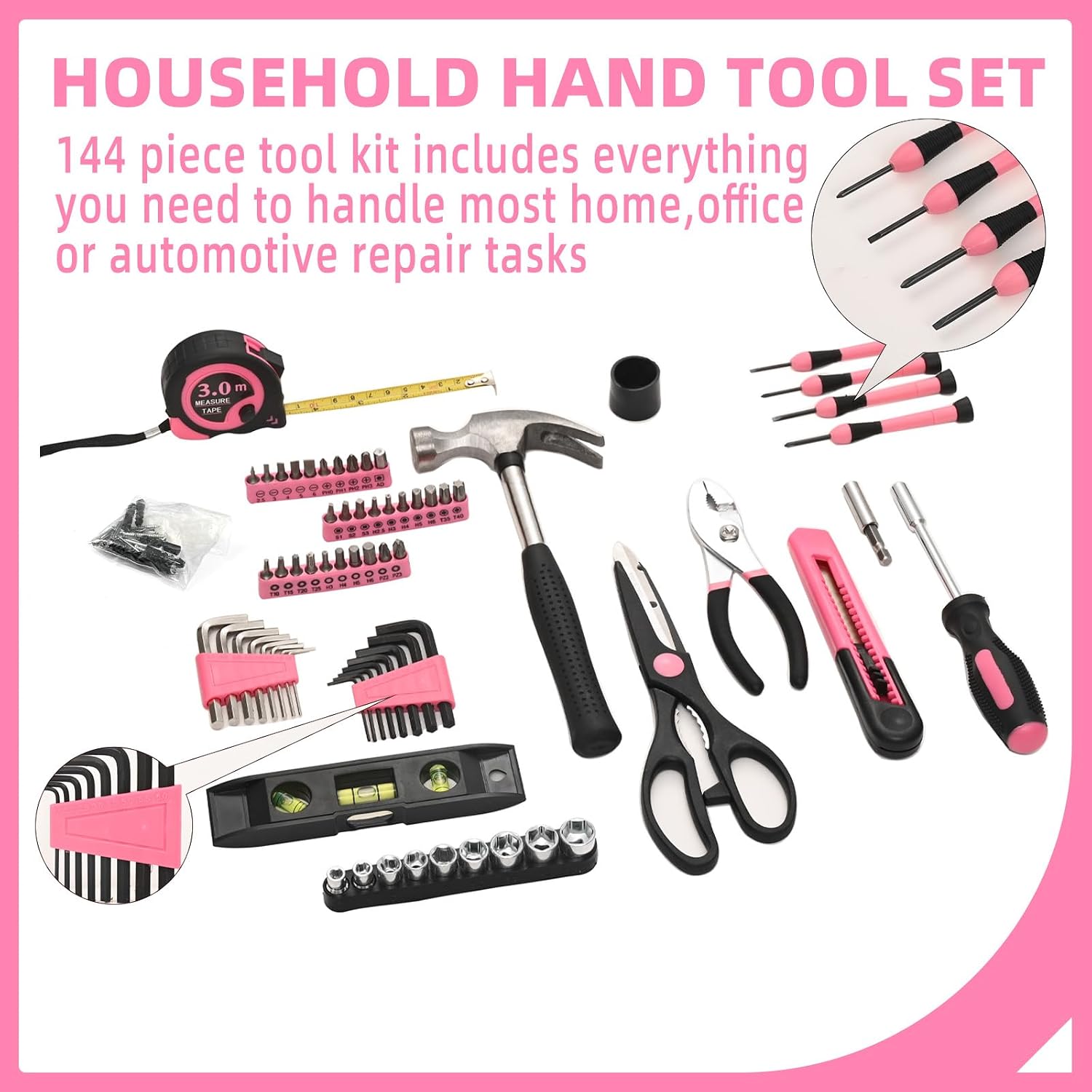 144-Piece Household Tool Set, Pink Tool Kit with Plastic Toolbox