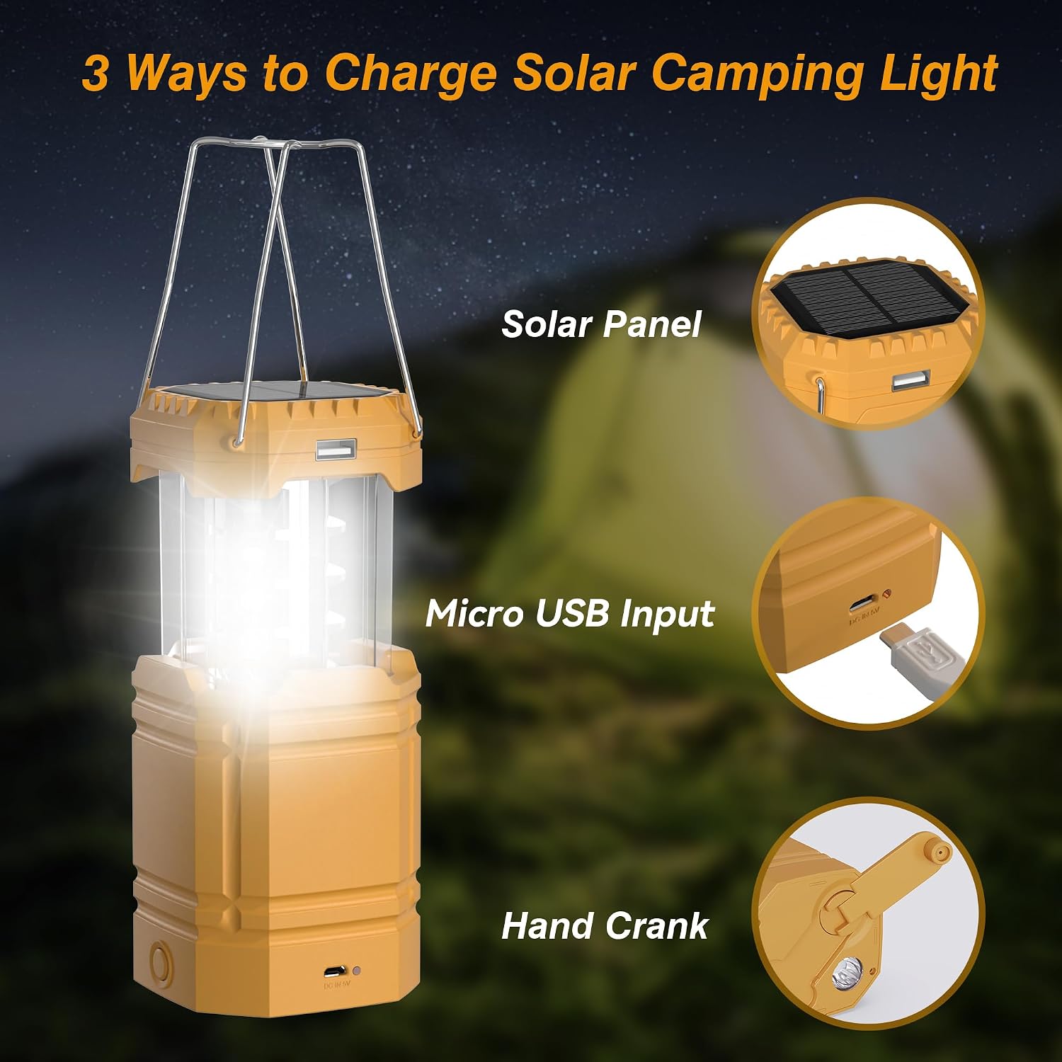 Electric LED Camping Lantern, Portable 3000mAh Solar Hand Crank Flashlight