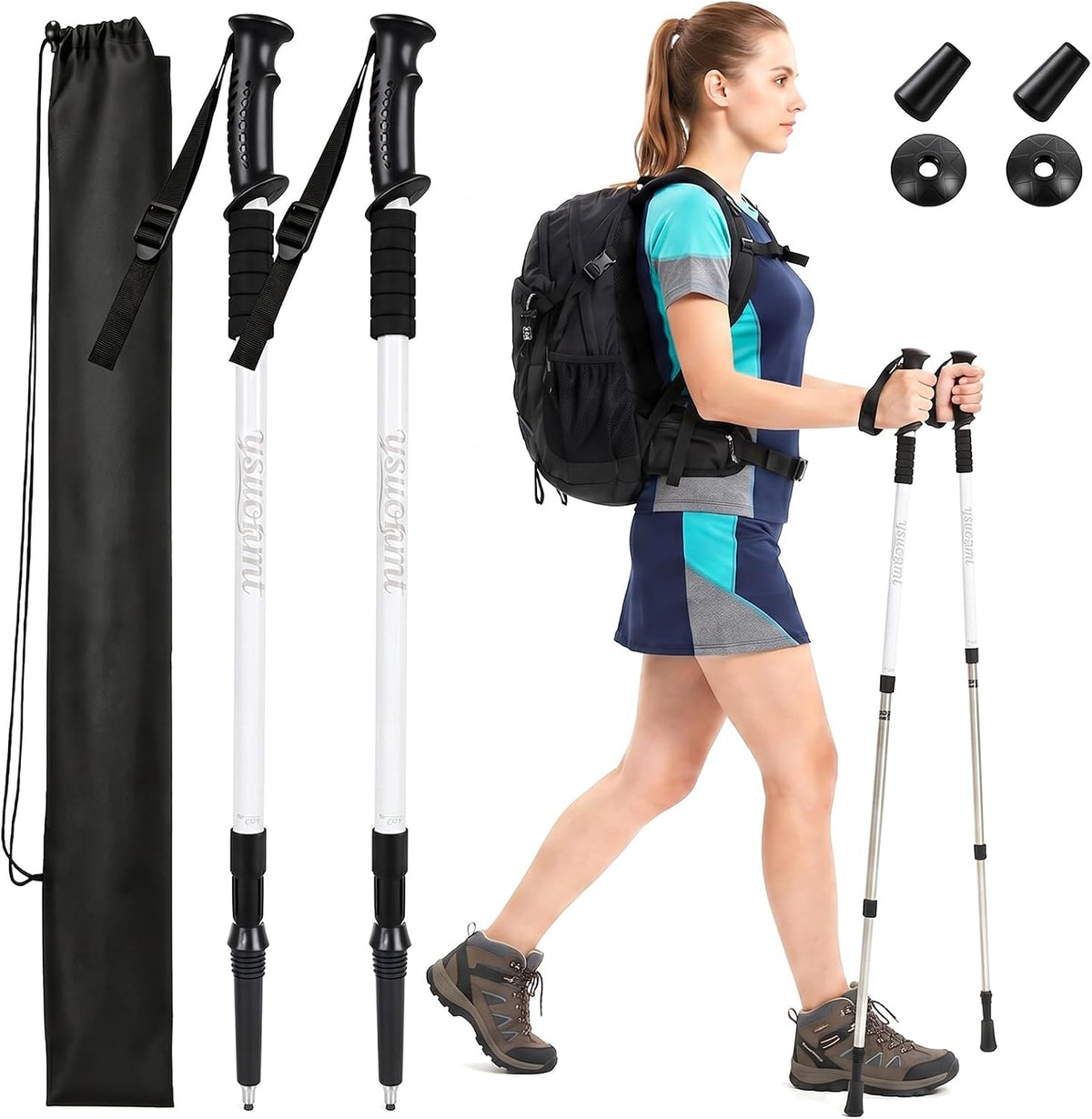 Hiking Trekking Poles, 2 Sticks with Anti-Shock and Quick Lock System， Ultralight, Telescopic, Collapsible，for Backpacking, Camping, Mountaineering, Trail Running, Snowshoeing, Men Women