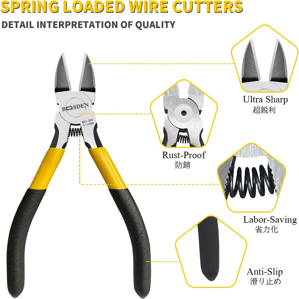 BOOSDEN Wire Cutter 5 inch Cutting Pliers Diagonal Cutter Snipper 5 Pack