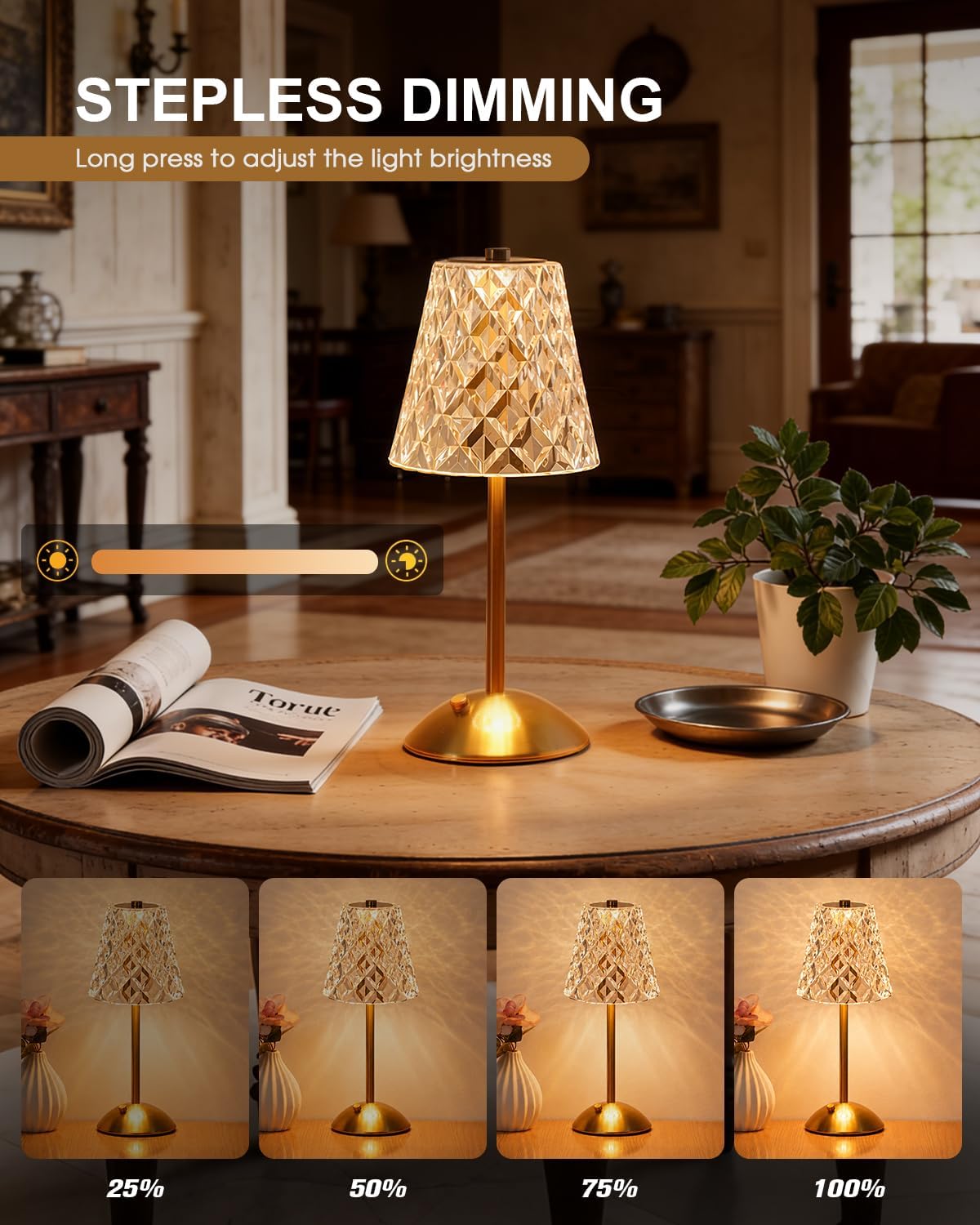 Nusogon Rechargeable Cordless Table Lamp, Gold Small Battery Powered Lamp