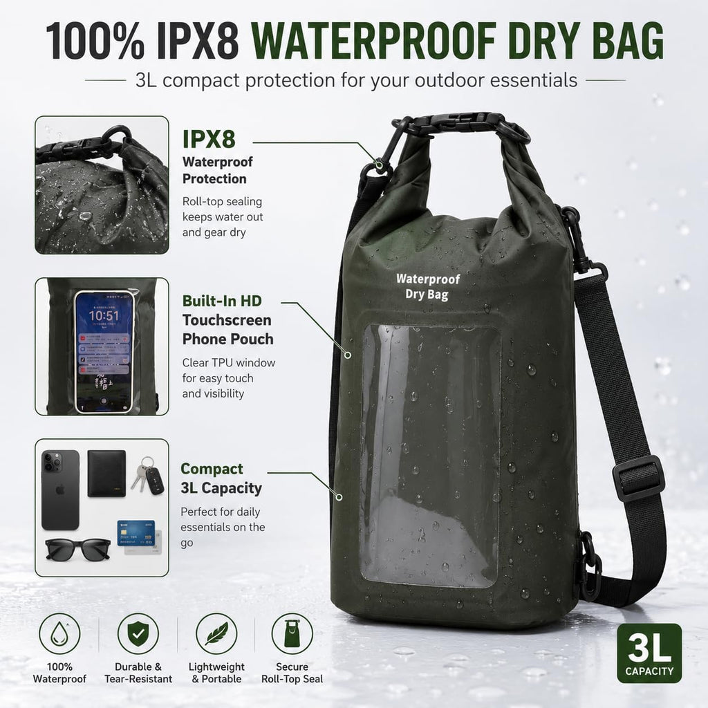 3L IPX8 Waterproof Dry Bag Backpack with Touchscreen Phone Pouch,Green