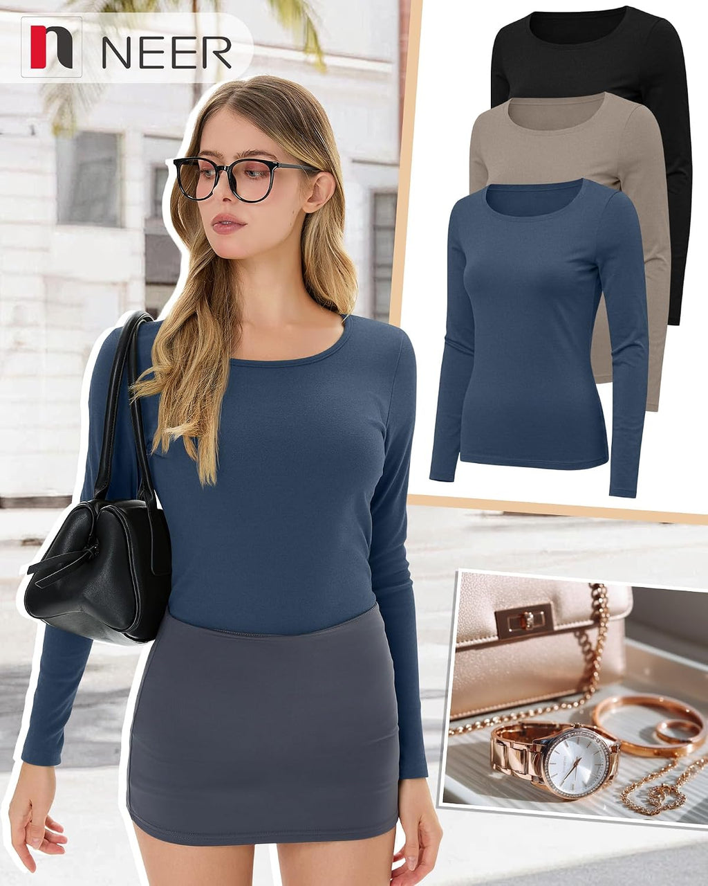 Neer 3 Pack Womens Thermal Shirts Crew Neck Fleece Lined Tops