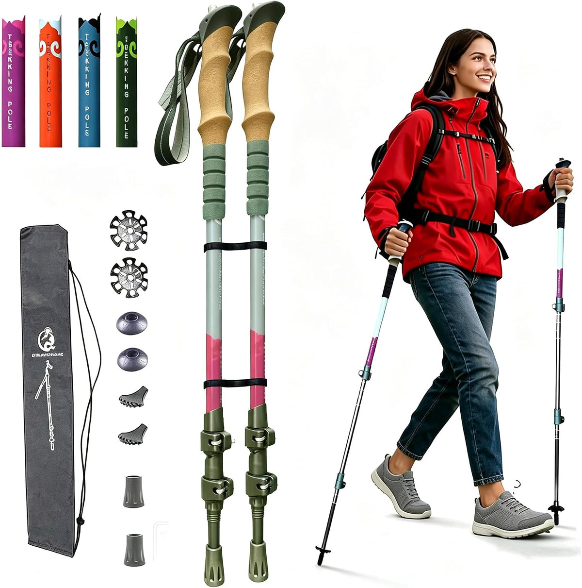 Trekking Poles w/1/4 Camera Screw, Collapsible Hiking Poles for Women