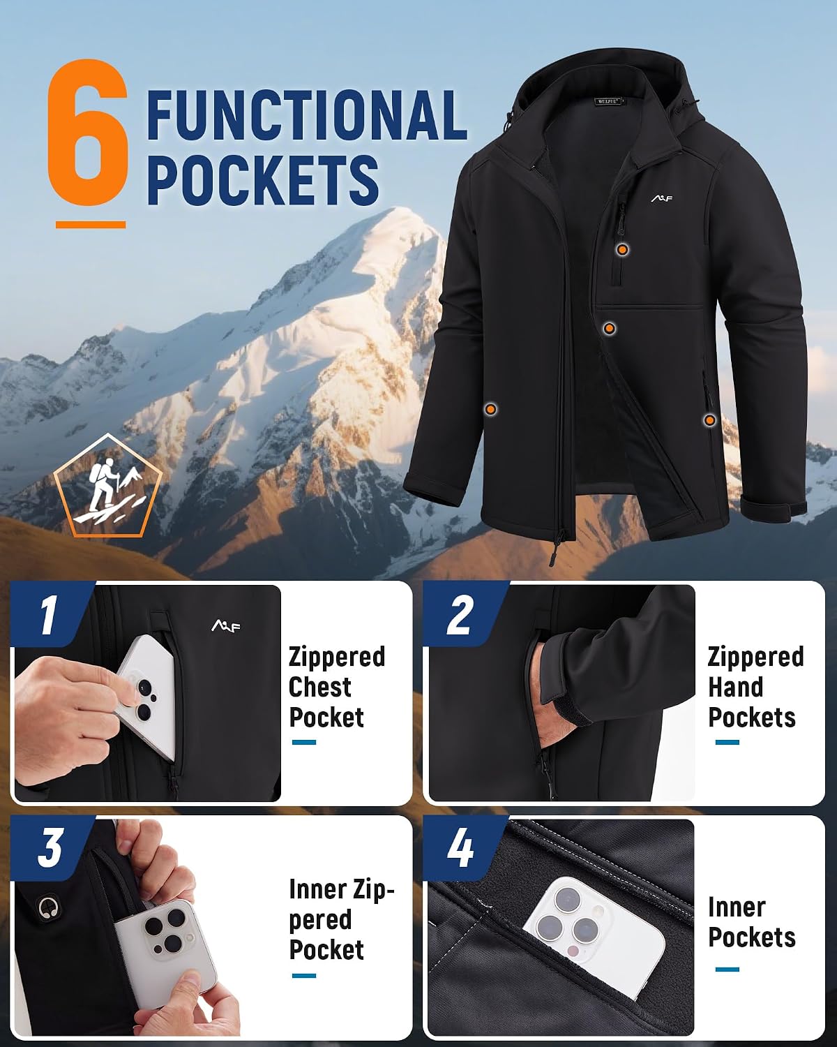 WULFUL Men's Softshell Jacket Waterproof Lightweight Insulated Windbreaker Fleece Lined Rain Shell Jacket for Hiking Travel