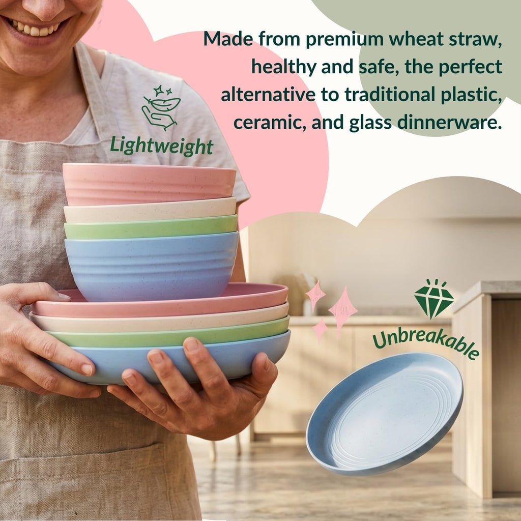 Homienly Wheat Straw Dinnerware Sets 20 PCS Cups and Plates Sets for Kitchen Microwave and Dishwasher Safe Plate Set Unbreakable Camping Dish Set Kids Plates and Bowls Sets for Picnic, RV (Multilight)