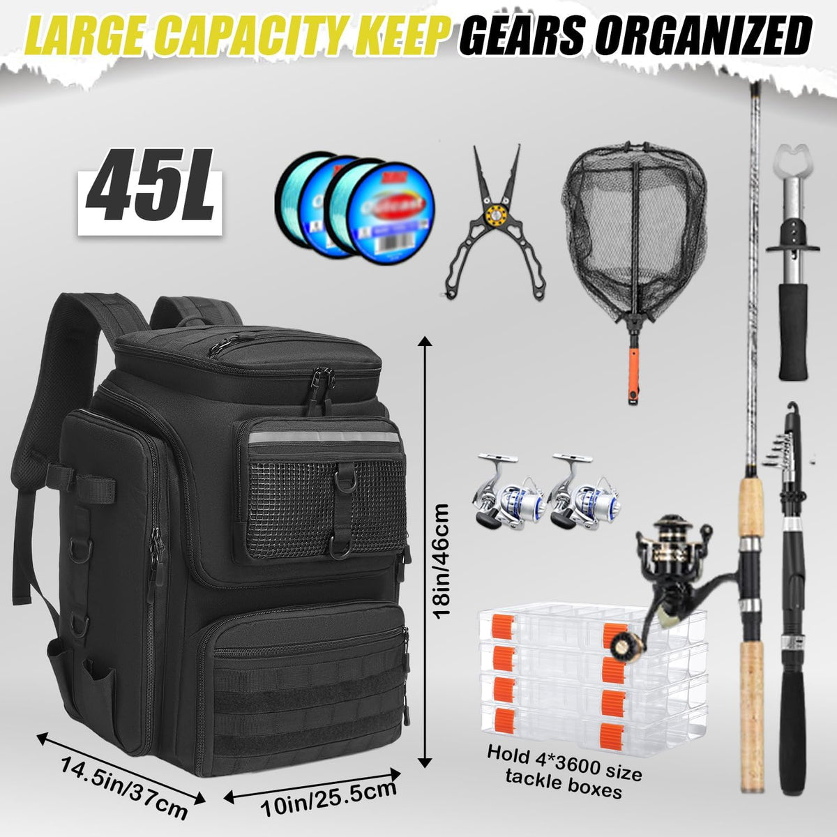 HAMBOLY 45L Fishing Backpack with Rod Holders & Built-in Foldable Divider
