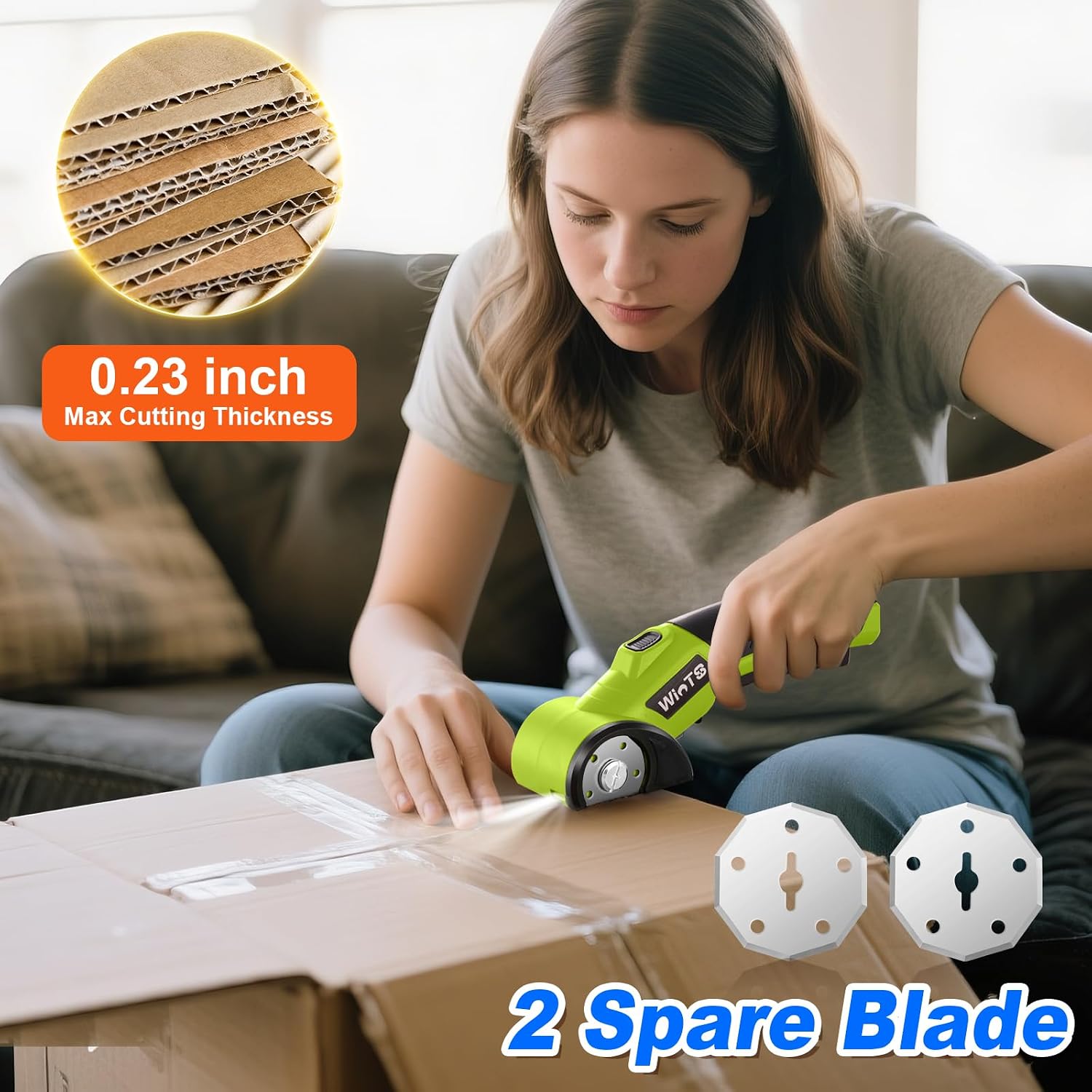WINTS Cordless Electric Scissors,High-Capacity 2000mah Battery 4V Cardboard Cutter with Safety Lock & LED Light, Rechargeable Rotary Cutter for Box Carpet Plastic Fabric With 2 Blades (Green)