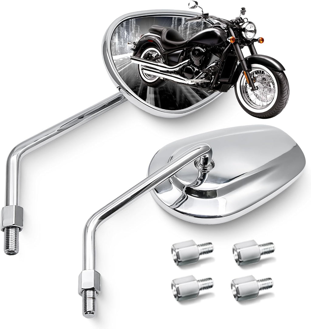 MZS Chrome Motorcycle Mirrors 10mm, Universal Motorbike Rear View Side Mirror Aluminium Compatible with Touring Cruiser Chopper Street Naked Bike Shadow Fury Vulcan Boulevard Road Royal Star VStar