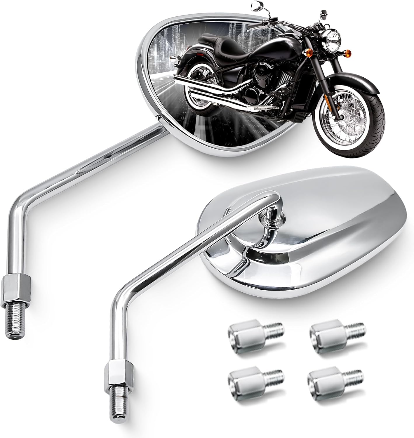 MZS Chrome Motorcycle Mirrors 10mm, Universal Motorbike Rear View Side Mirror Aluminium Compatible with Touring Cruiser Chopper Street Naked Bike Shadow Fury Vulcan Boulevard Road Royal Star VStar