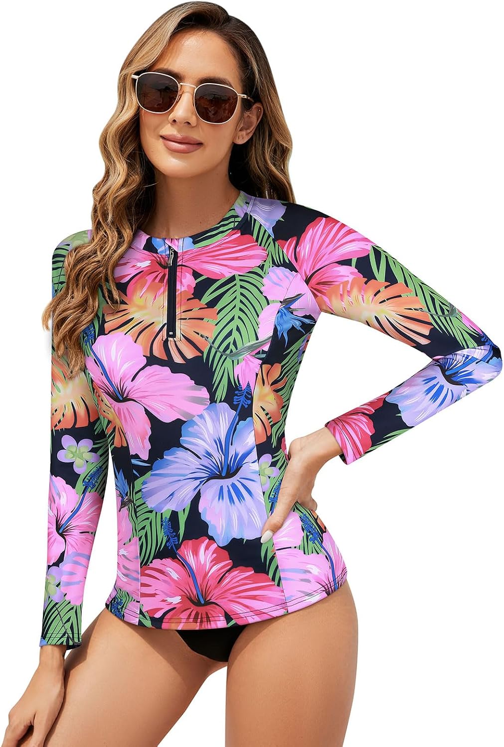 Tanst Sky Women's Rash Guard Swim Top Long Sleeve Bathing Suits UV Shirt Zipper Rashguard Swimsuit