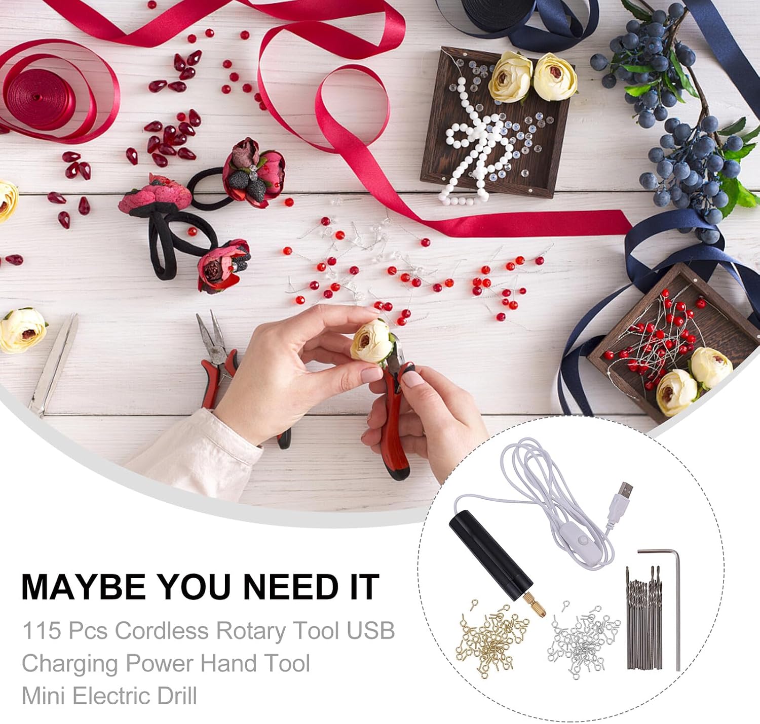 Veemoon 115 Pcs USB Charging Mini Electric Drill Cordless Rotary Tool for Crafts and Small Repairs with Multi-accessories Lightweight Handheld Design